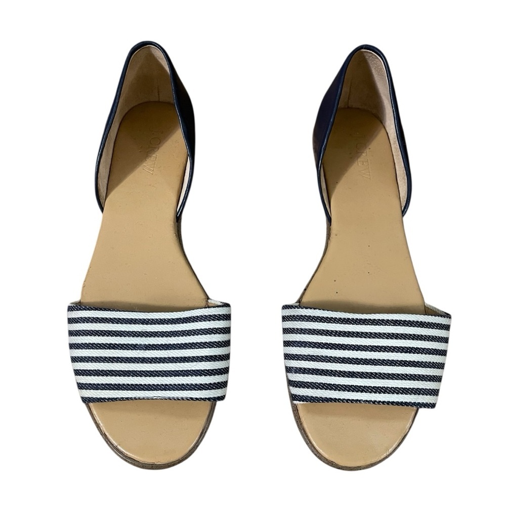 J. Crew Blue and White Striped Morgan Peep-toe d'Orsay Flat Sandals US 7.5